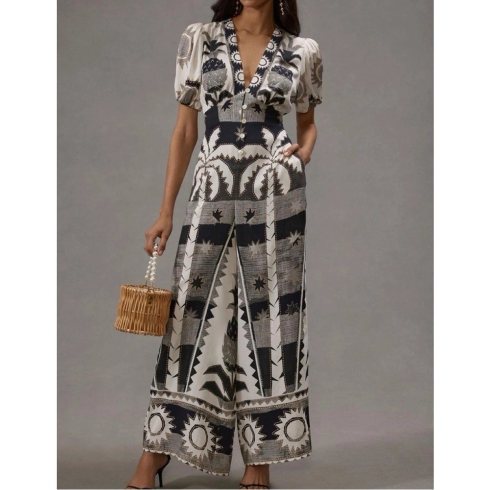 Farm Rio Puff-Sleeve Linen Jumpsuit Black White Size Medium Petite